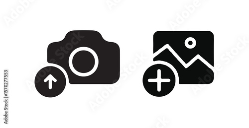 Add photo icon, flat, camera icon with plus, add picture button, Photo icon, vector illustration  eps 10.