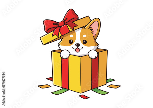 Cute Pembroke Welsh Corgi Puppy Peeking from Gift Box.