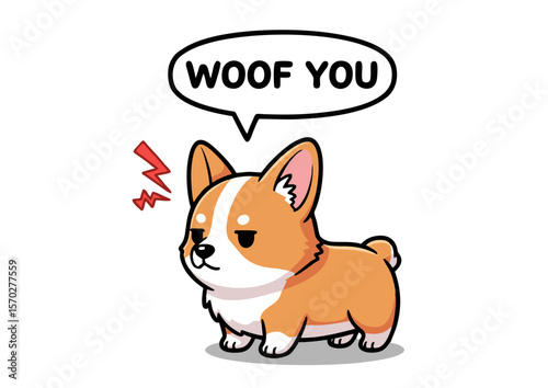 Cartoon Corgi Dog with Woof You Speech Bubble Angry Expression.