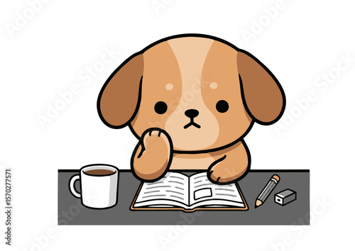Cartoon Dog Studying with Coffee Pencil and Eraser on Desk.