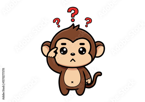 Cartoon Monkey with Question Marks Brown Fur and Puzzled Expression.