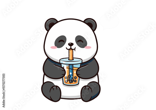 Adorable Cartoon Panda Enjoying Bubble Tea with Cheerful Expression.