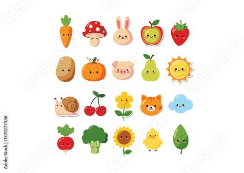 Cute Cartoon Food and Nature Stickers with Kawaii Faces.