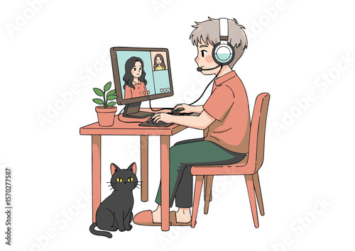 Young Man in Headphones Attending Video Call at Desk with Cat.