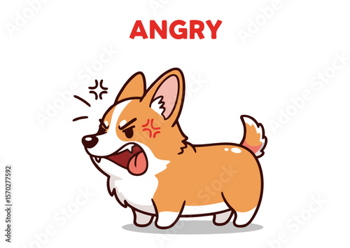 Angry Cartoon Corgi Dog Frowning Face Bared Teeth Orange Fur.