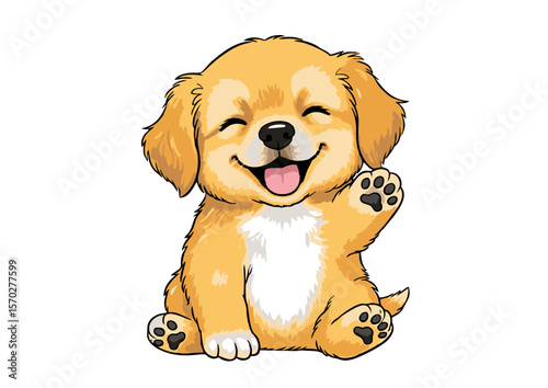 Adorable Golden Retriever Puppy Sitting Happy Expression Waving Paw.