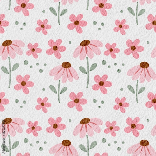 Seamless Watercolor Floral Pattern with Red Daisies and Green Leaves on White Background
