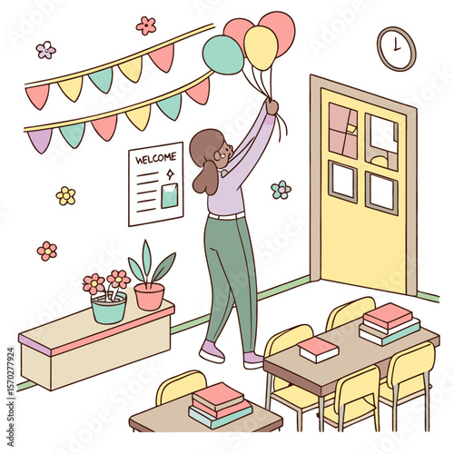 Illustration of a woman holding balloons in a classroom with desks, flowers, and a welcome sign on the wall