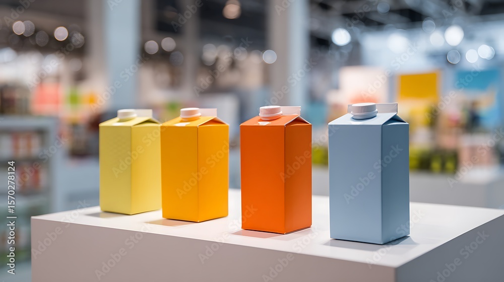 Fototapeta premium Juice box placed in a booth or exhibition without branding, studio lighting, suitable for Mockup / Advertisement use.