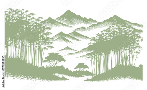 竹林と山のシルエットイラスト