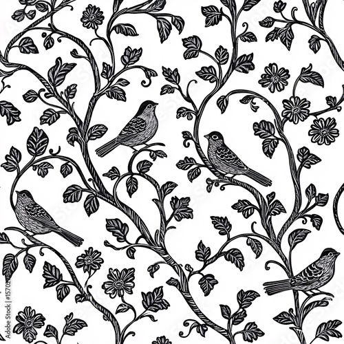 Kalamkari-inspired fine line pattern of birds and vines
