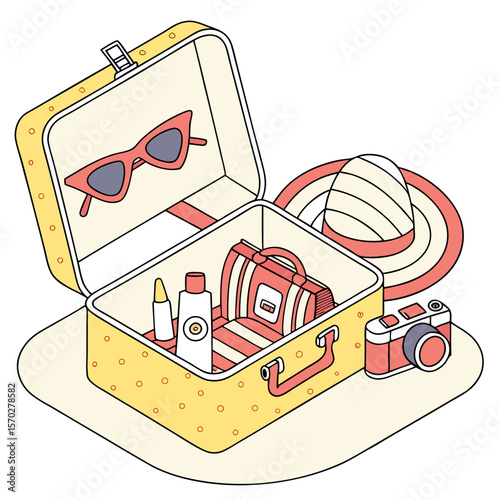 Open yellow suitcase packed with sunglasses, bag, toiletries, hat, and camera for a vacation trip