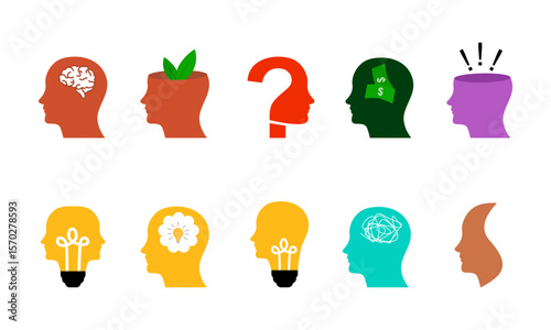 Set of human head and light bulb vector illustration. Trendy concept of business, human heads with messy complicated line
