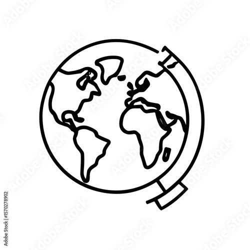Simple line drawing of a terrestrial globe on a stand, representing the world.