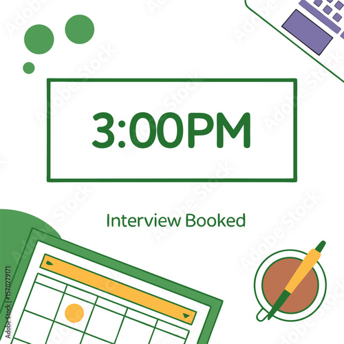 Illustration of a calendar, laptop, coffee cup, and a time display indicating a booked interview at three pm