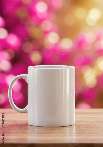 A clean white mug sits on a wooden table with a blurred pink and gold background