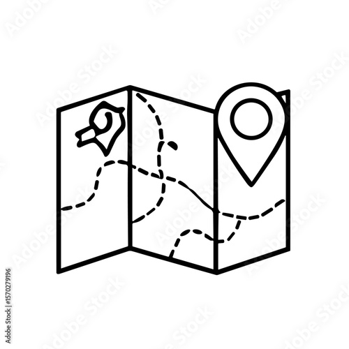 Simple black and white illustration of an open map with a location marker.