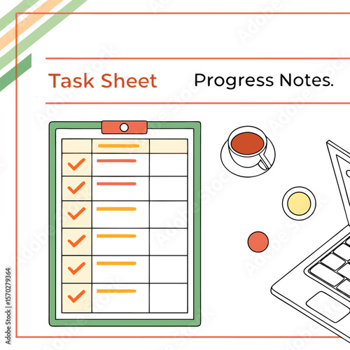 Illustration of a task sheet, laptop, and cup of coffee, representing productivity and organization at work
