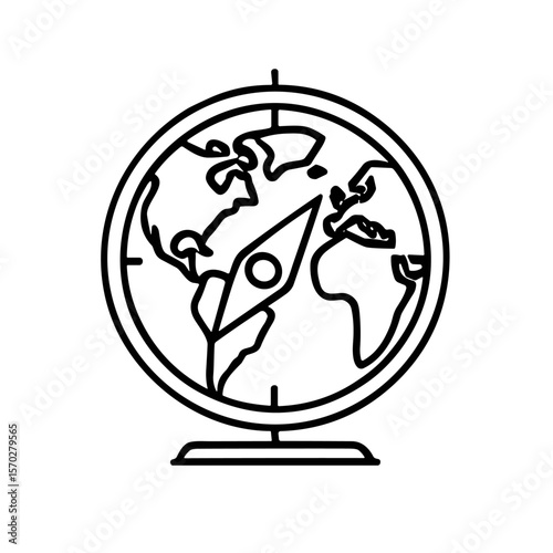 Simple black and white illustration of a globe with a compass pointing.