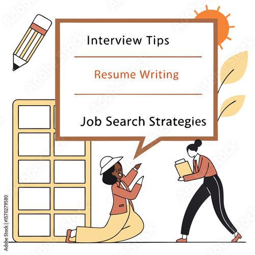 Illustration showing interview tips resume writing and job search strategies with people and pencil icon art
