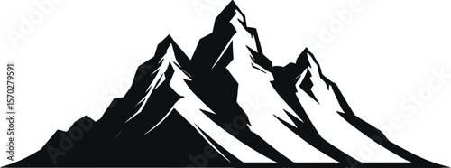 A minimalist mountain range illustration showcases rugged peaks in monochrome, ideal for outdoor adventure themes and branding, conveying strength and natural beauty with its stark design, silhouette