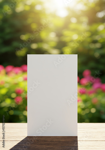 Blank white card on wooden table with blurred floral garden background