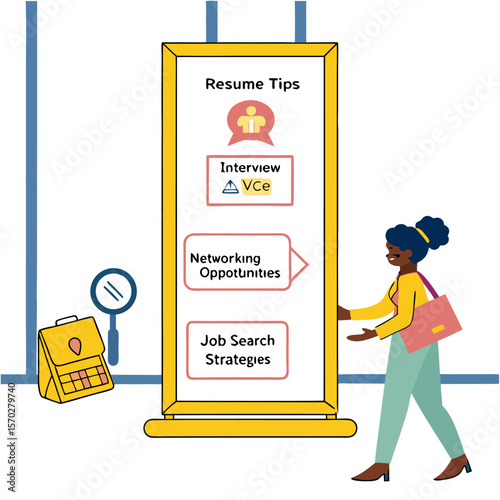 Illustration showing a woman walking past a resume tips board with a briefcase and magnifying glass near by