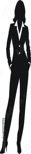 A confident woman in a professional business suit stands tall, a black silhouette embodying success, career aspirations, and leadership in the corporate world, radiating empowerment and ambition.