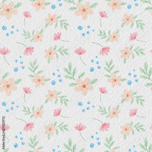 Seamless Watercolor Floral Pattern with Pastel Flowers, Green Leaves, and Blue Water Bubbles on White Textured Background
