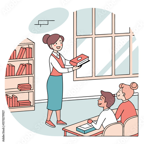 Teacher holding a book in front of students in a classroom with a bookshelf and a window in the background