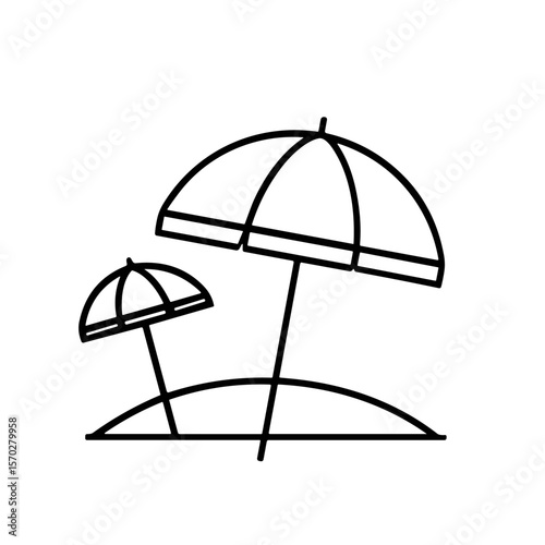 Two beach umbrellas planted in sand, one larger than the other, simple line art illustration.