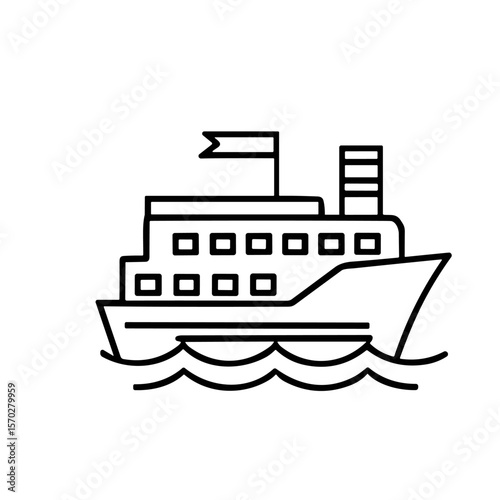 A simple line drawing of a passenger ship sailing across the water, showing its structure.