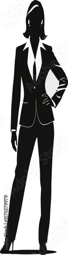 A sophisticated silhouette presents a businesswoman confidently posing in a suit, embodying corporate power and leadership in a sleek design showcasing ambition and professionalism.