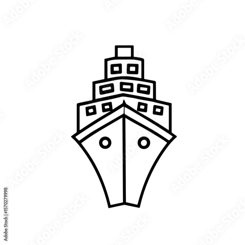 A simple line drawing depicts a large cruise ship, viewed from the front, showcasing its multiple decks and hull.