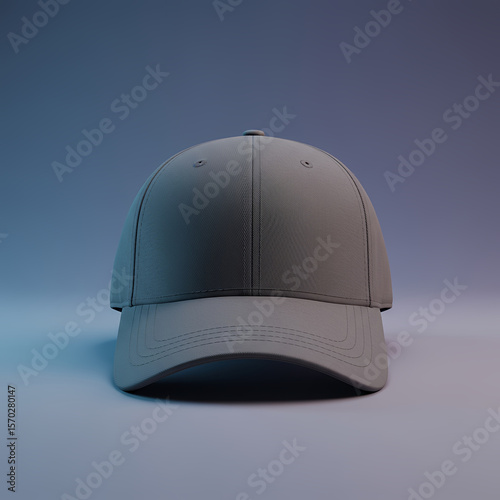 Minimalist grey baseball cap displayed front and center with soft lighting