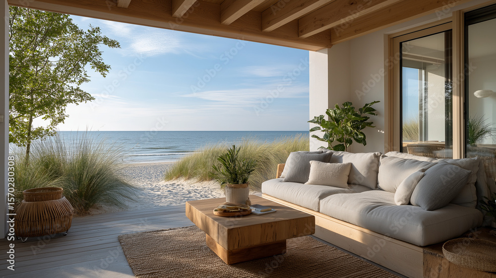 Naklejka premium Coastal Living Room: Relaxing ocean view from a beachfront patio with comfortable sofa and wooden coffee table. The sunlight illuminates the scene creating a calm and serene atmosphere.