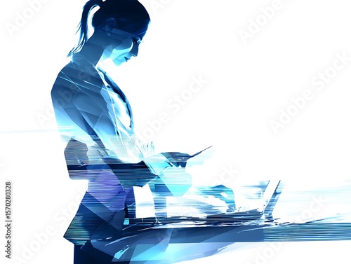 A woman working on a computer, digitally rendered in a stylized profile view.