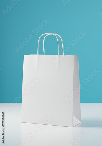 Clean white paper shopping bag with twisted handles on a blue background