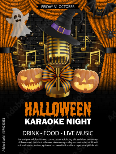 halloween karaoke poster with gold mic with witch hat and pumpkins. halloween karaoke night flyer 