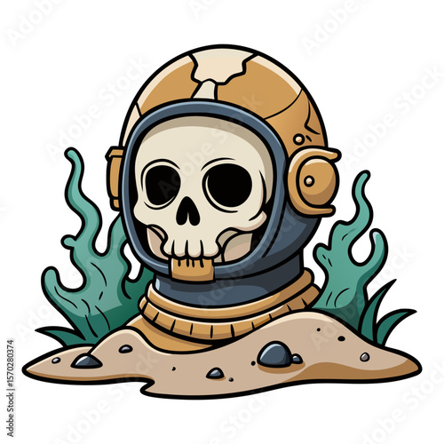 A skull wearing an old diver's helmet, partially buried in sand with seaweed, evoking themes of exploration, history, and mystery.