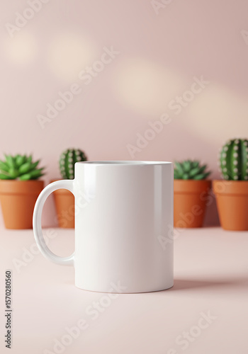 Clean white mug mockup with succulents and soft lighting