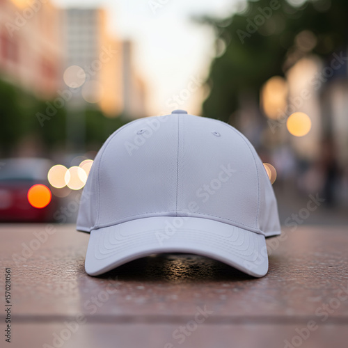 A plain grey baseball cap rests on a textured surface with a blurred urban background