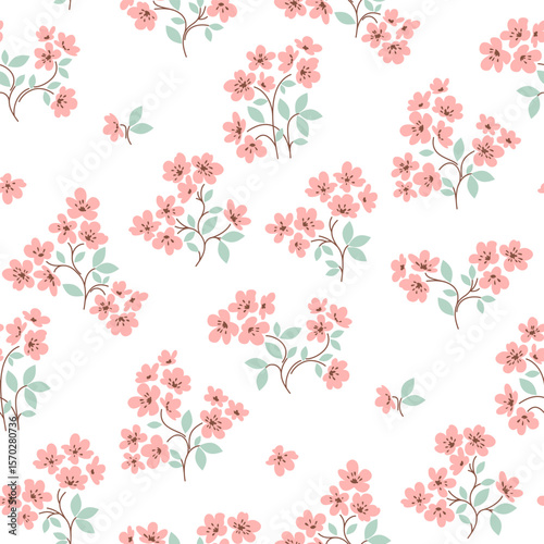 Flower pattern, ditsy floral seamless pattern. Small little flower on white  background. Repeat pattern. Ditsy print. Botanic surface design. Ditsy floral flower pattern for fashion, fabric, wrapping