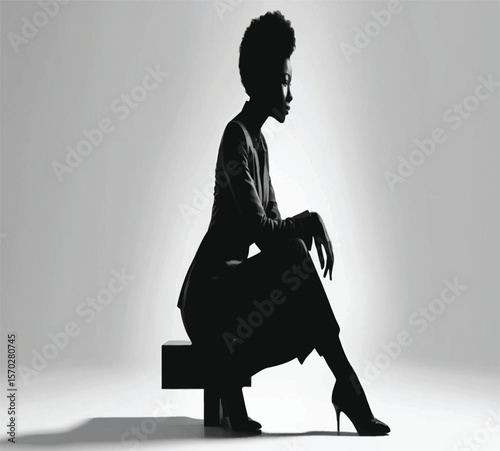 A poised and elegant Black woman is captured in striking silhouette against a bright background, showcasing her beauty and confidence in a monochrome portrait, highlighting fashion and grace.