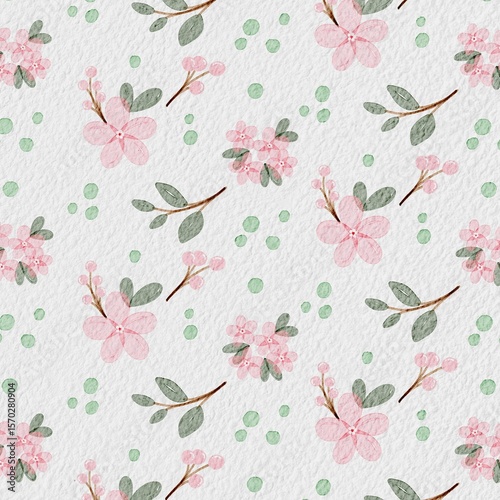 Seamless Watercolor Floral Pattern with Pink Cherry Blossoms and Green Leaves on White Background