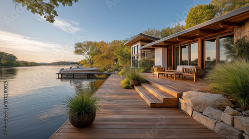 Lakeside Modern Home with Boat: Modern home sits peacefully on the edge of a serene lake, complete with a boat docked at a private pier.