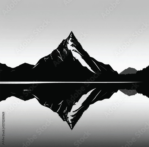 Vector Silhouette of Stylized Mountain Peak with Water Reflection – Minimal Nature Scene on White Background