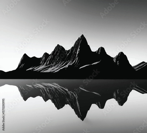 Vector Silhouette of Mountain Range with Multiple Peaks and Water Reflection – Scenic Landscape on White Background