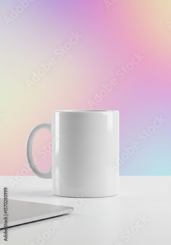 White ceramic mug mockup on a white surface with a pastel gradient background