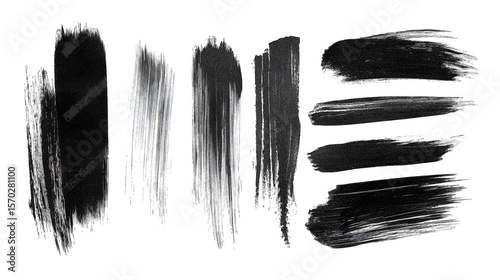 Set Of Black Paint Brushstrokes Isolated On Transparent Background